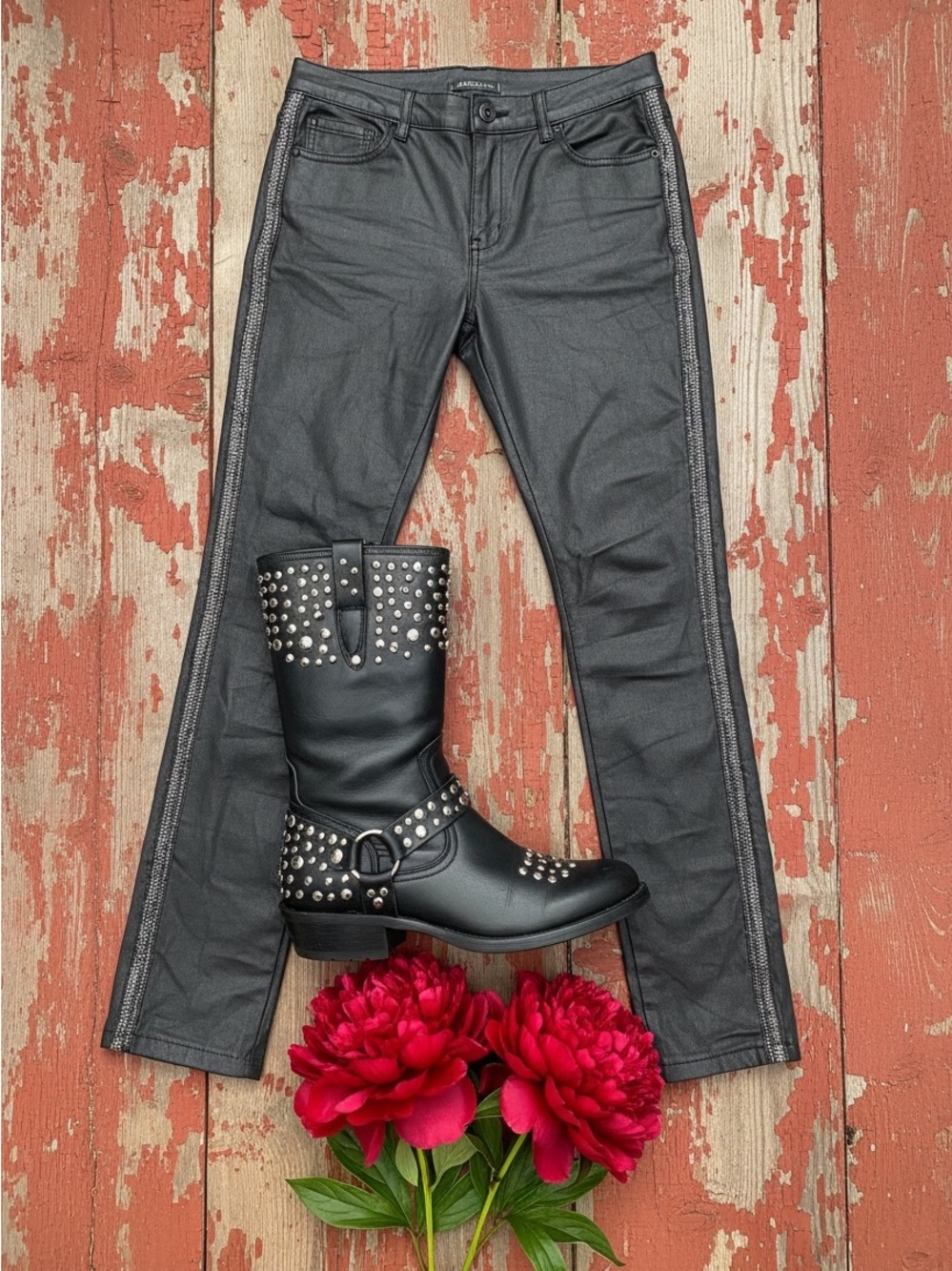 Coated jeans with rock 'n' roll silver stripe